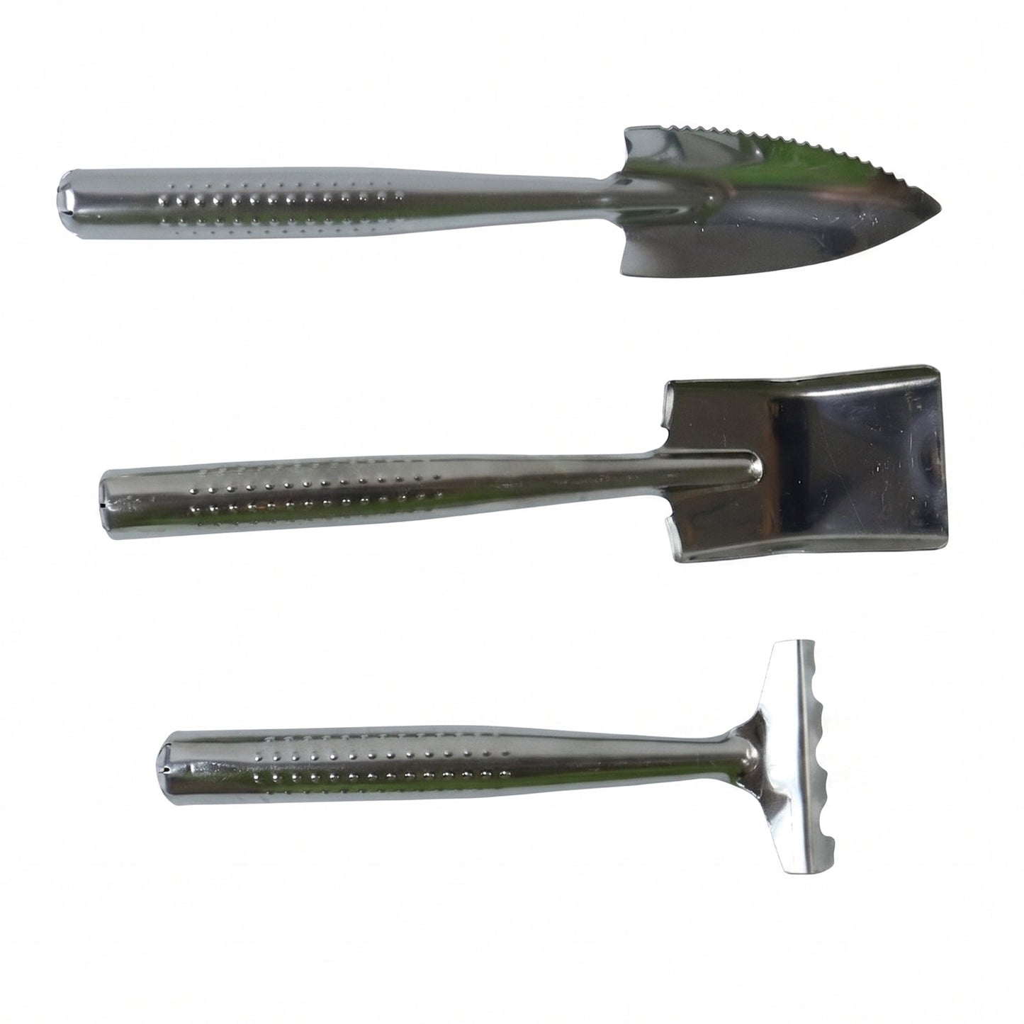 Wukusy stainless steel 3-in-1 garden hand tool set with spade, rake, and fork displayed on a garden surface.