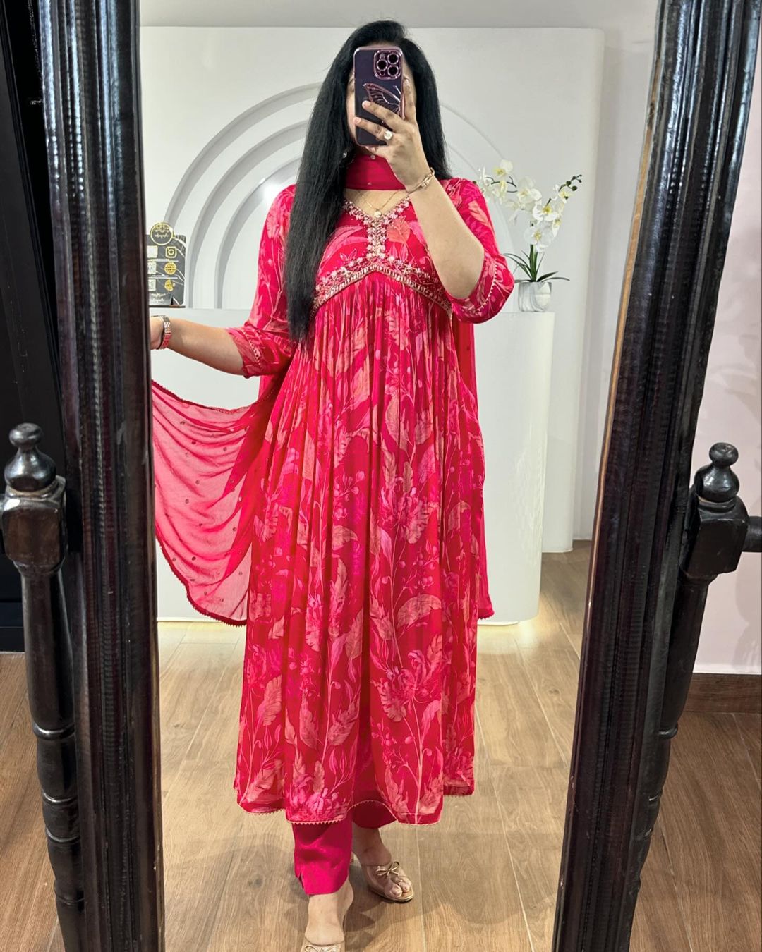 Red embroidered suit from Drpshippr, showcasing intricate embroidery and stylish design, perfect for formal or festive occasions.