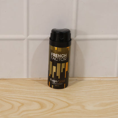 Wukusy French Factor Fugo Gold deodorant body spray bottle, 150ml, with sleek gold packaging and spray nozzle.