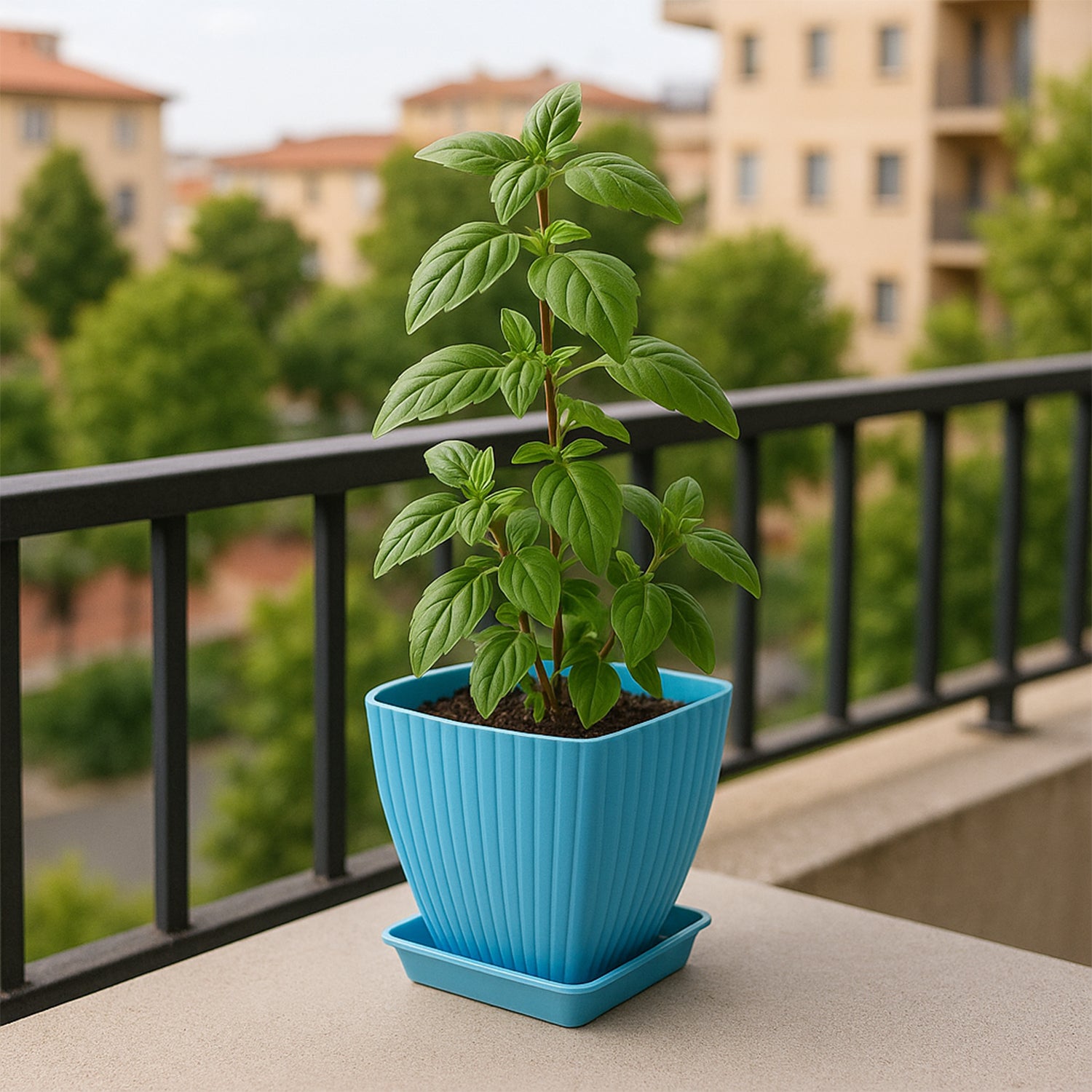 Set of five trendy square plastic flower pots for garden planting by Wukusy, featuring vibrant colors and modern design.