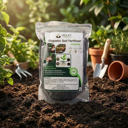 Black organic soil fertilizer for home gardening by Wukusy, 1 kg bag showing rich, dark soil with gardening tools and plants.