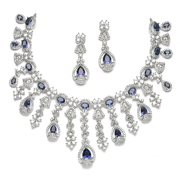 Rhodium-plated American diamond teardrop necklace and earrings jewelry set with tassels for girls and women, elegant and sparkling.