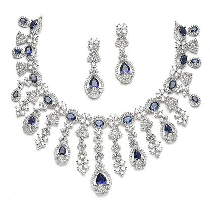 Rhodium-plated American diamond teardrop necklace and earrings jewelry set with tassels for girls and women, elegant and sparkling.