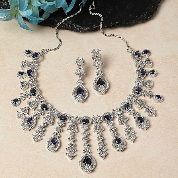 Rhodium-plated American diamond teardrop necklace and earrings jewelry set with tassels, elegant jewelry for women and girls