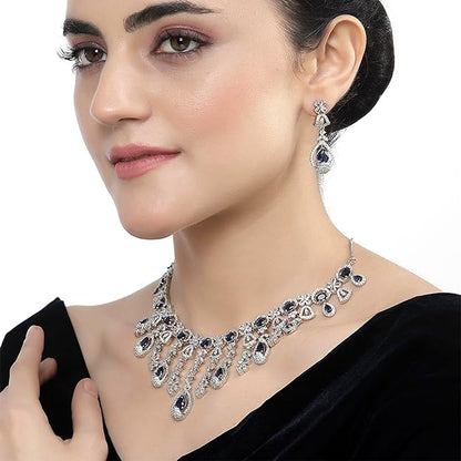 Rhodium-plated American diamond teardrop necklace and earrings jewelry set with tassels for women and girls, elegant gift accessory.