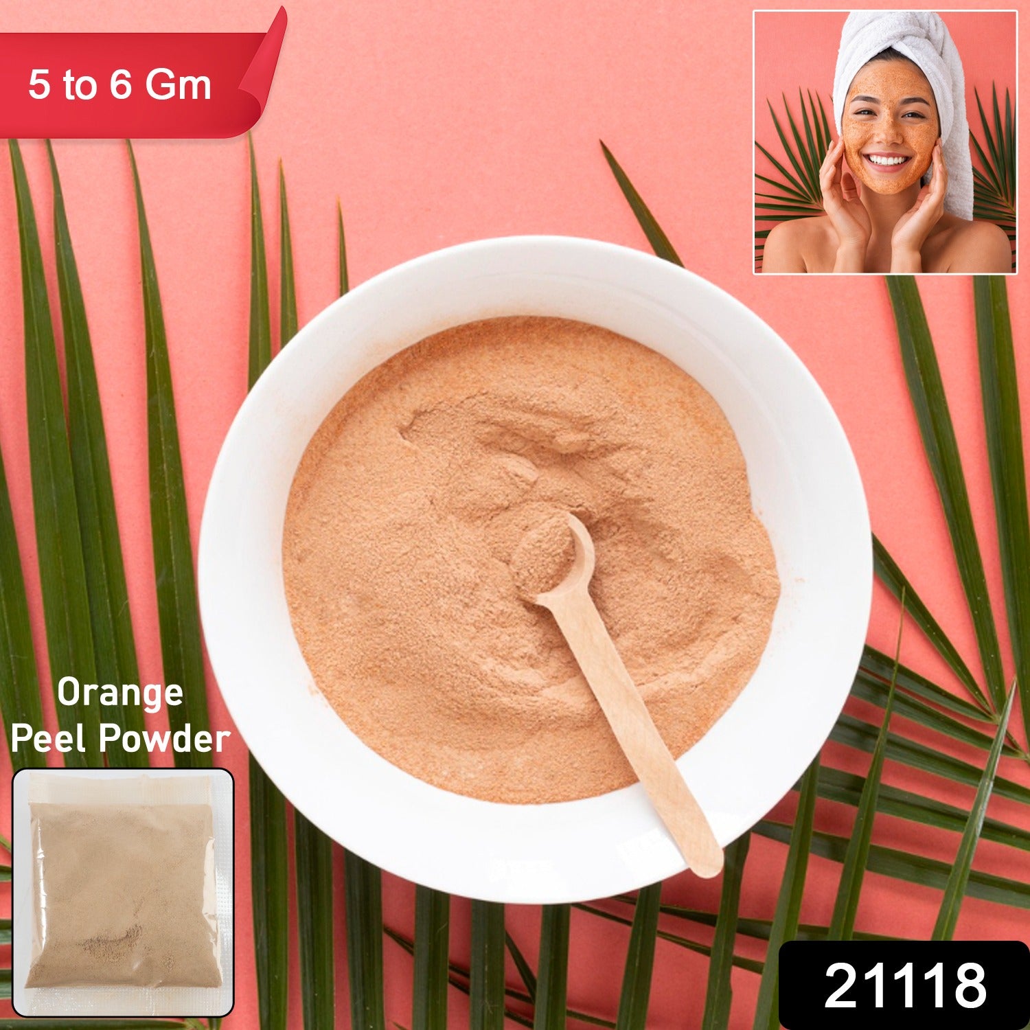 Wukusy natural orange peel powder for face skincare, 5-6g packet, showing vibrant orange peel powder in a clear packet.