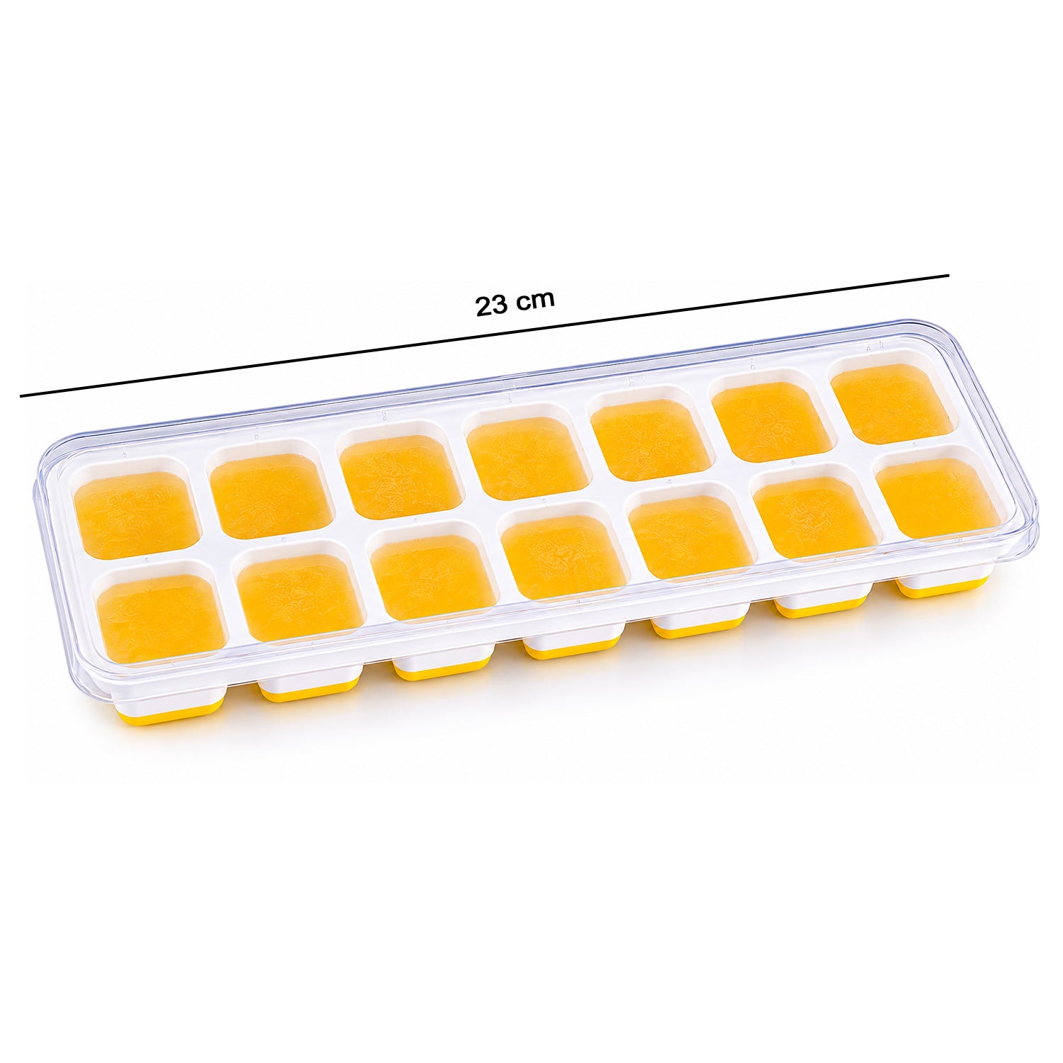 Wukusy 14-cavity ice cube tray with lid, easy-release mold for fridge or freezer, shown with clear plastic lid and ice cubes inside