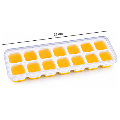 Wukusy 14-cavity ice cube tray with lid, easy-release mold for fridge or freezer, shown with clear plastic lid and ice cubes inside