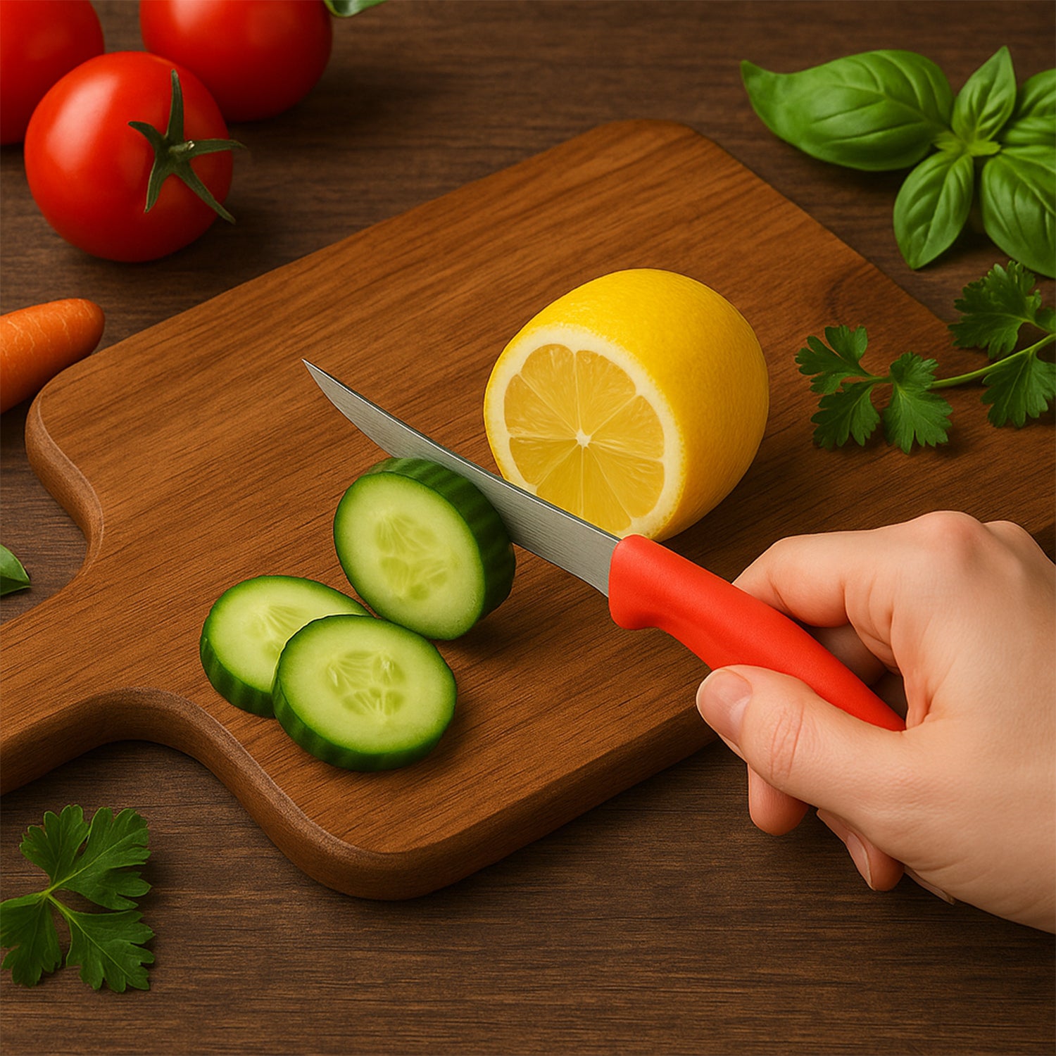 Wukusy Supermom stainless steel lemon knife set with 10 knives for kitchen prep, featuring sharp blades and ergonomic handles.