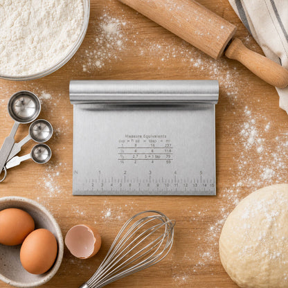 Small stainless steel dough scraper with scale, 15x12 cm, from Wukusy, showing the textured handle and measurement markings.