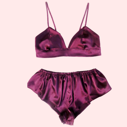 Elegant Snazzyway pure silk satin lingerie set for women, featuring a smooth, shiny satin fabric and delicate design.