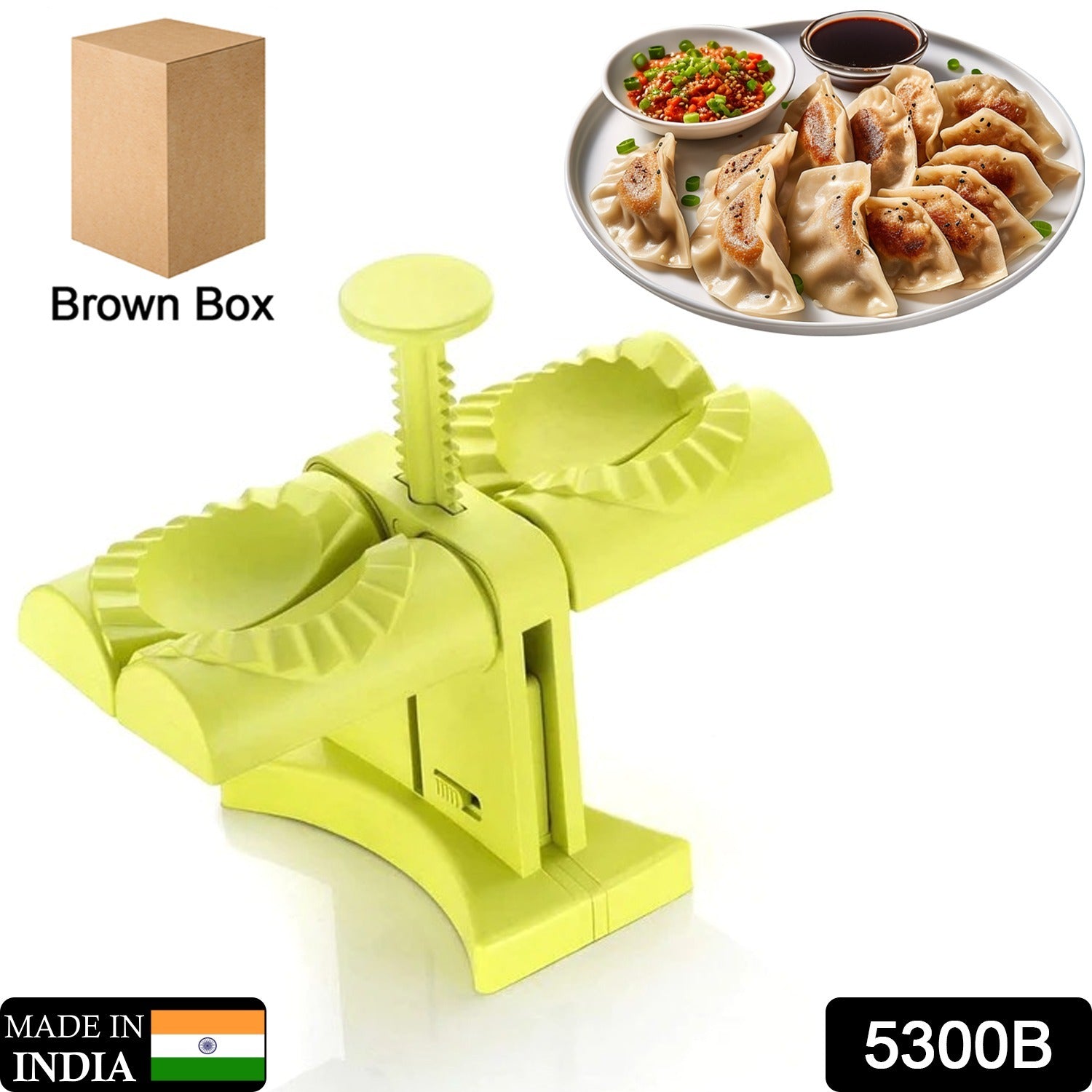 Wukusy 5300b dumpling maker mold with double heads, brown box, for easy household dumpling wrapping and shaping in the kitchen.