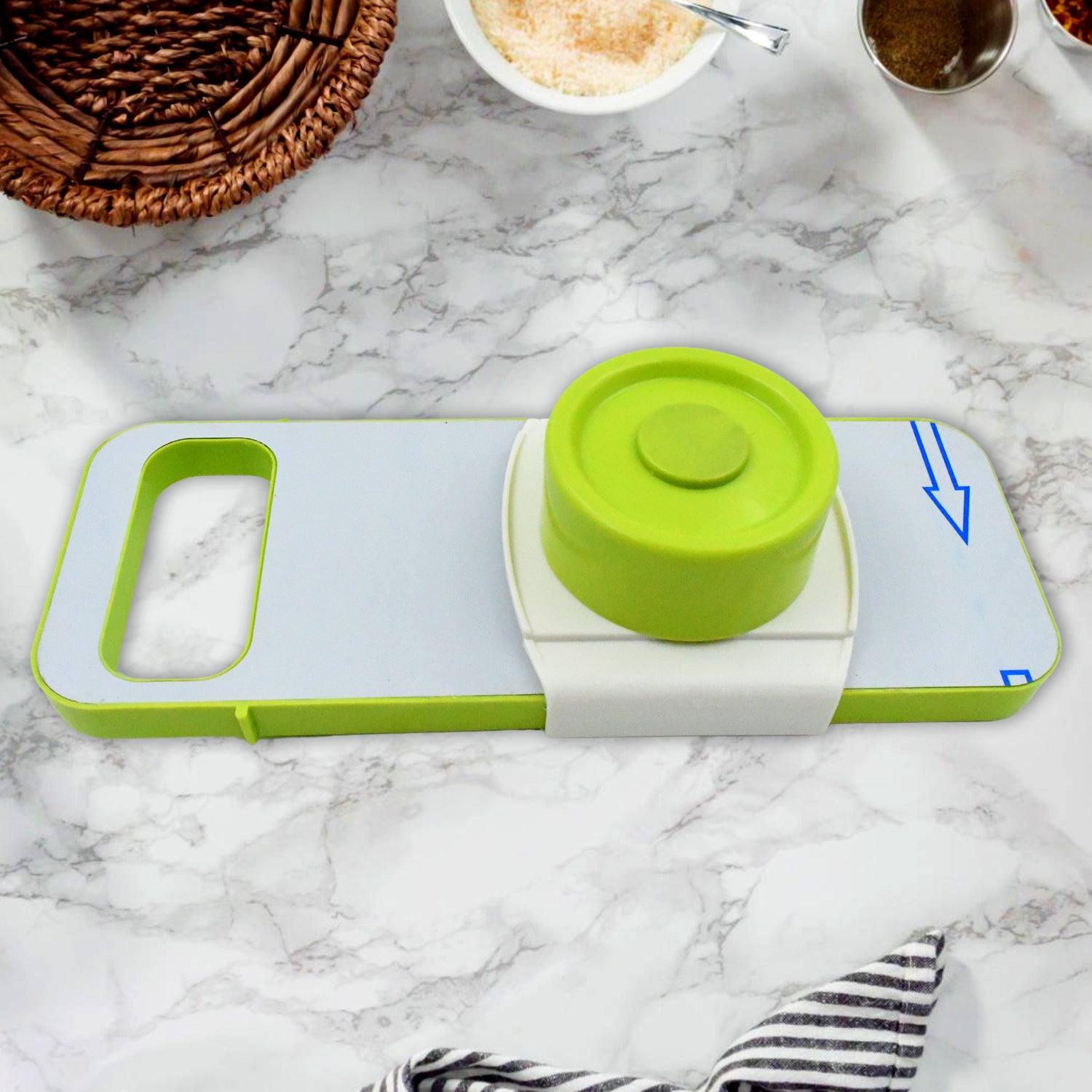 Wukusy 5-in-1 foldable vegetable slicer with stainless steel blades, protective guards, used for slicing potatoes, onions, and vegetables.