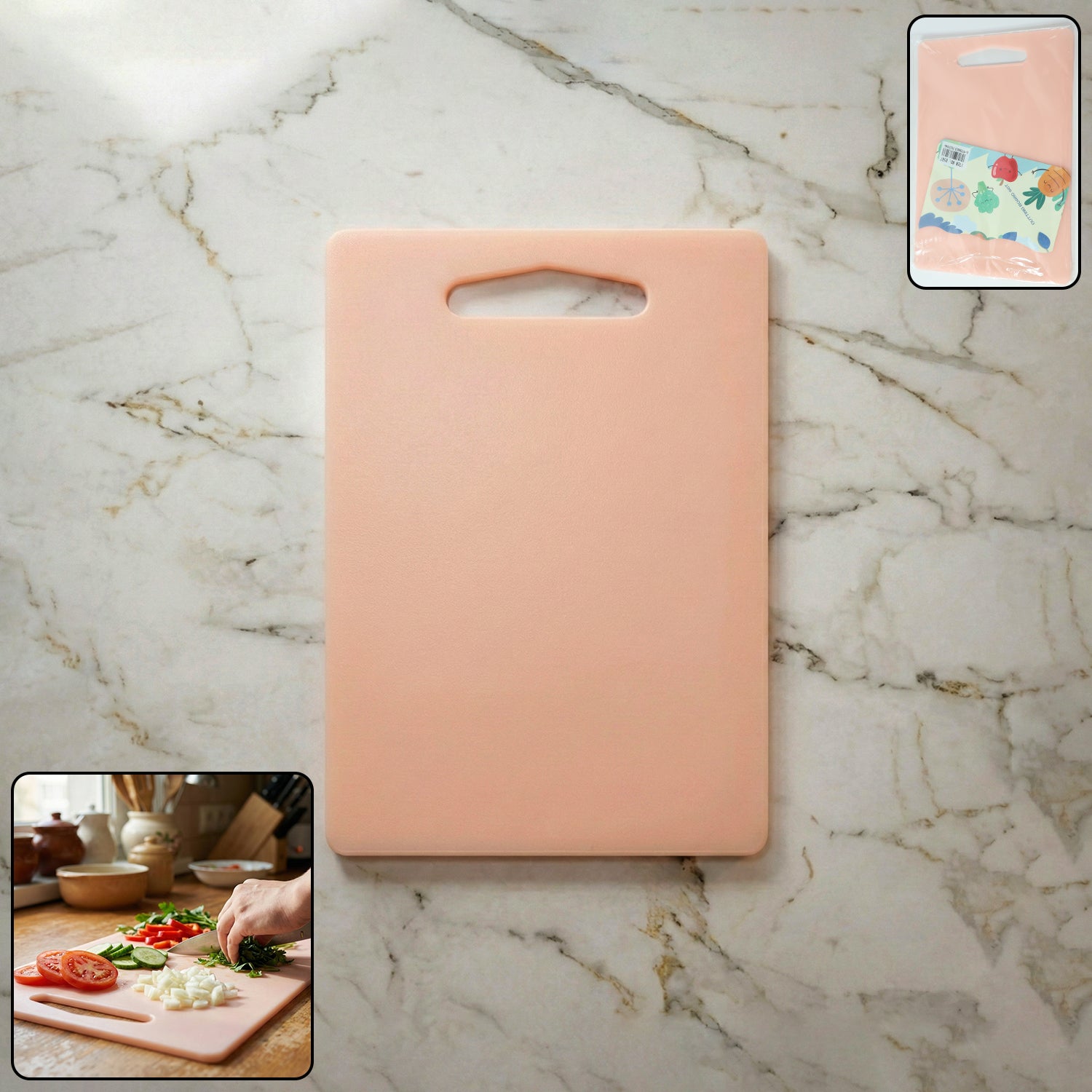 Wukusy plastic chopping board with handle, 30x20 cm, showing a durable surface ideal for food preparation and slicing.