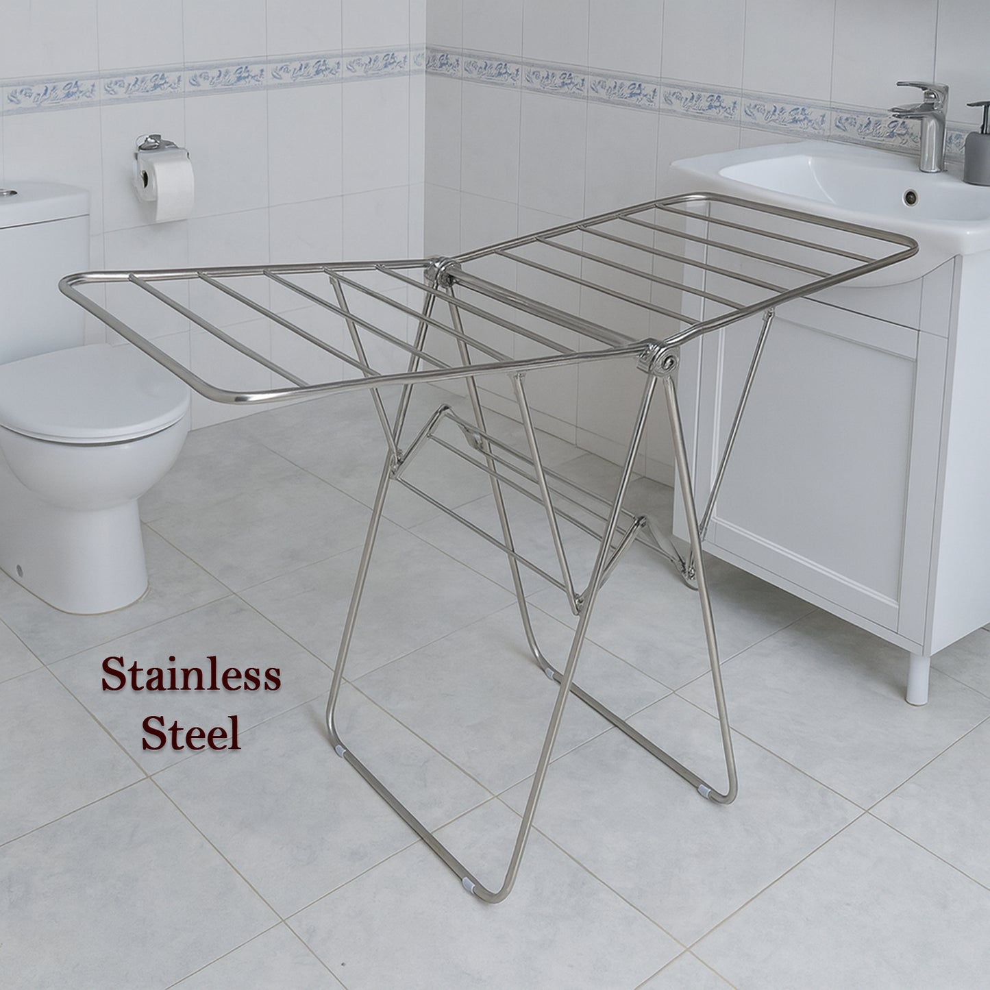 Wukusy Supermom premium stainless steel foldable cloth drying stand for home use, with multiple bars for hanging laundry.