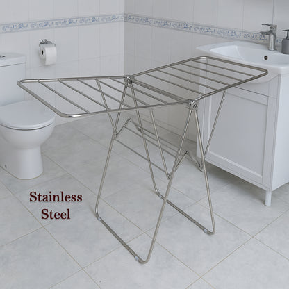 Wukusy Supermom premium stainless steel foldable cloth drying stand for home use, with multiple bars for hanging laundry.