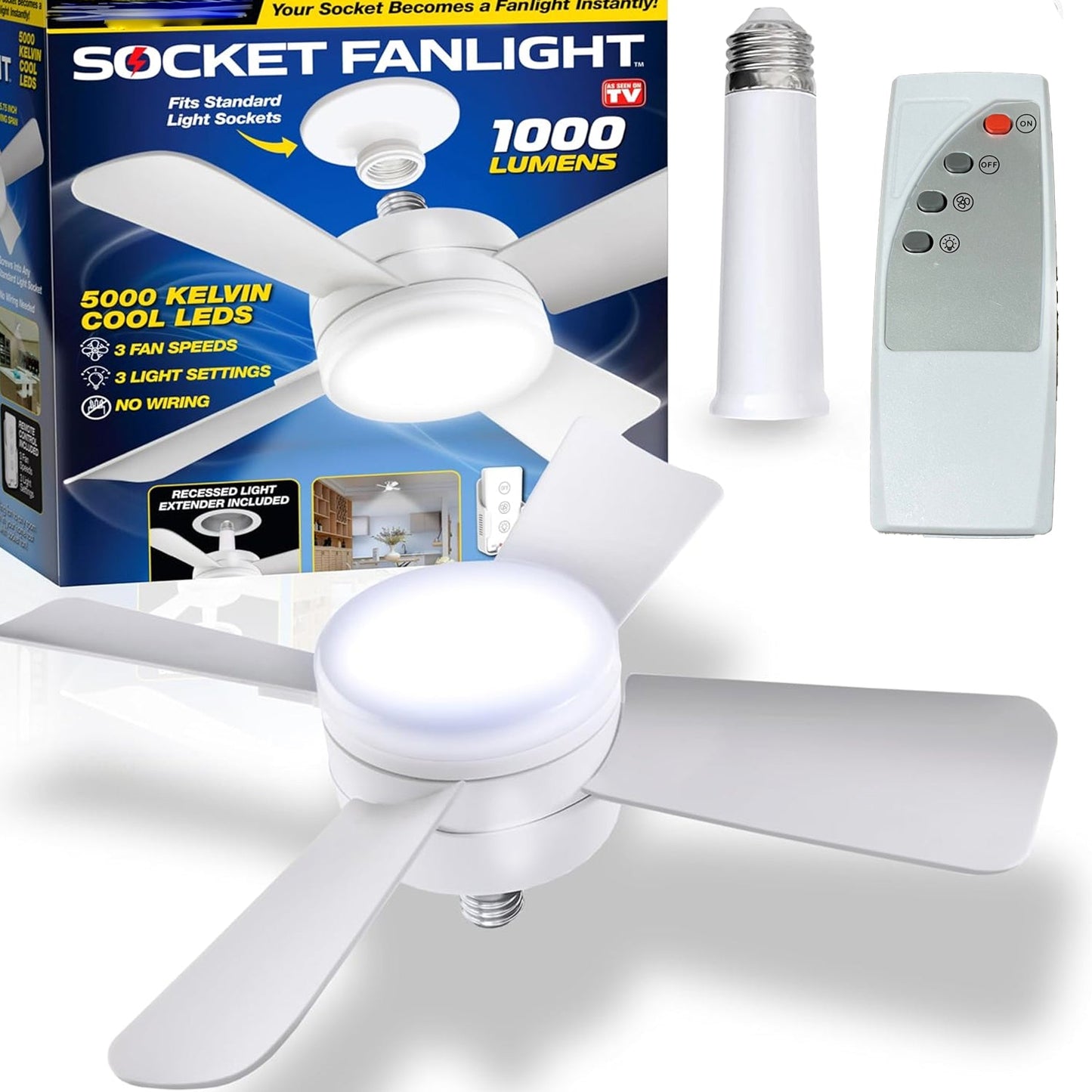 Wukusy Socket Fan Light with cool LED ceiling fan, remote control, 1000 lumens, 5000K daylight, suitable for bedroom, kitchen, living room