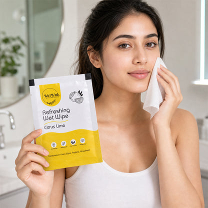 Wukusy citrus lime refreshing wet wipe for face, hands, and body, showing a single moist cleansing wipe with citrus lime scent.