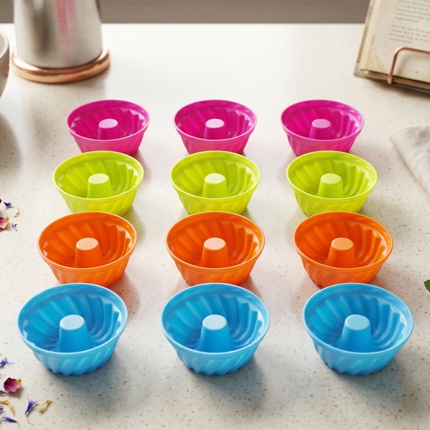 Wukusy reusable silicone cupcake mould set with 12 colorful flexible baking cups on a white background.