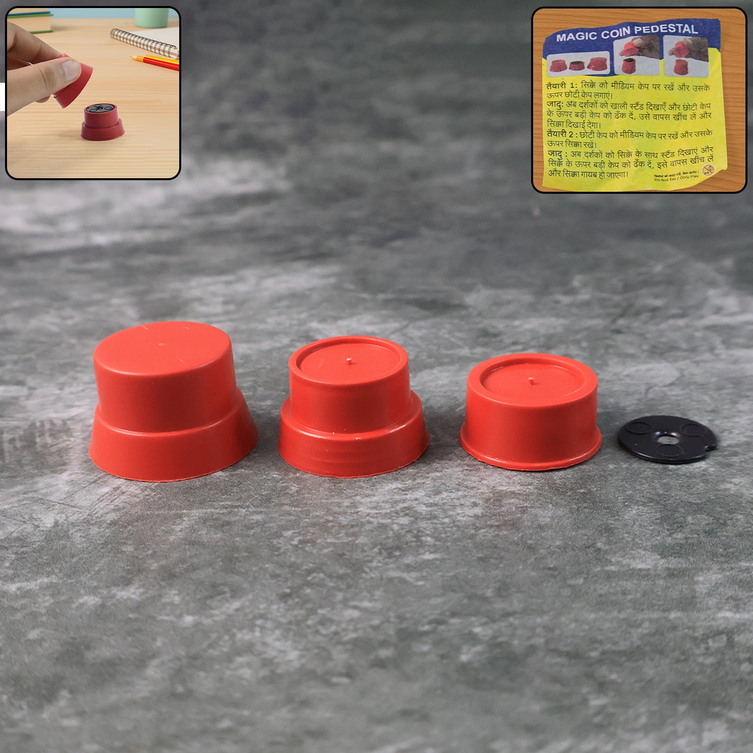 Wukusy Magic Coin Pedestal Toy set showing a colorful illusion trick for kids, with coins and a magic illusion pedestal.