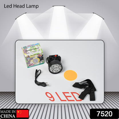 Wukusy 7520 Head Lamp with 9 LED lights, rechargeable long-range headlamp for farming, fishing, camping, hiking, and cycling.