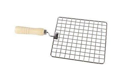 Wukusy stainless steel kitchen square roaster with wooden handle, used as a barbecue grill or papad jali for grilling.