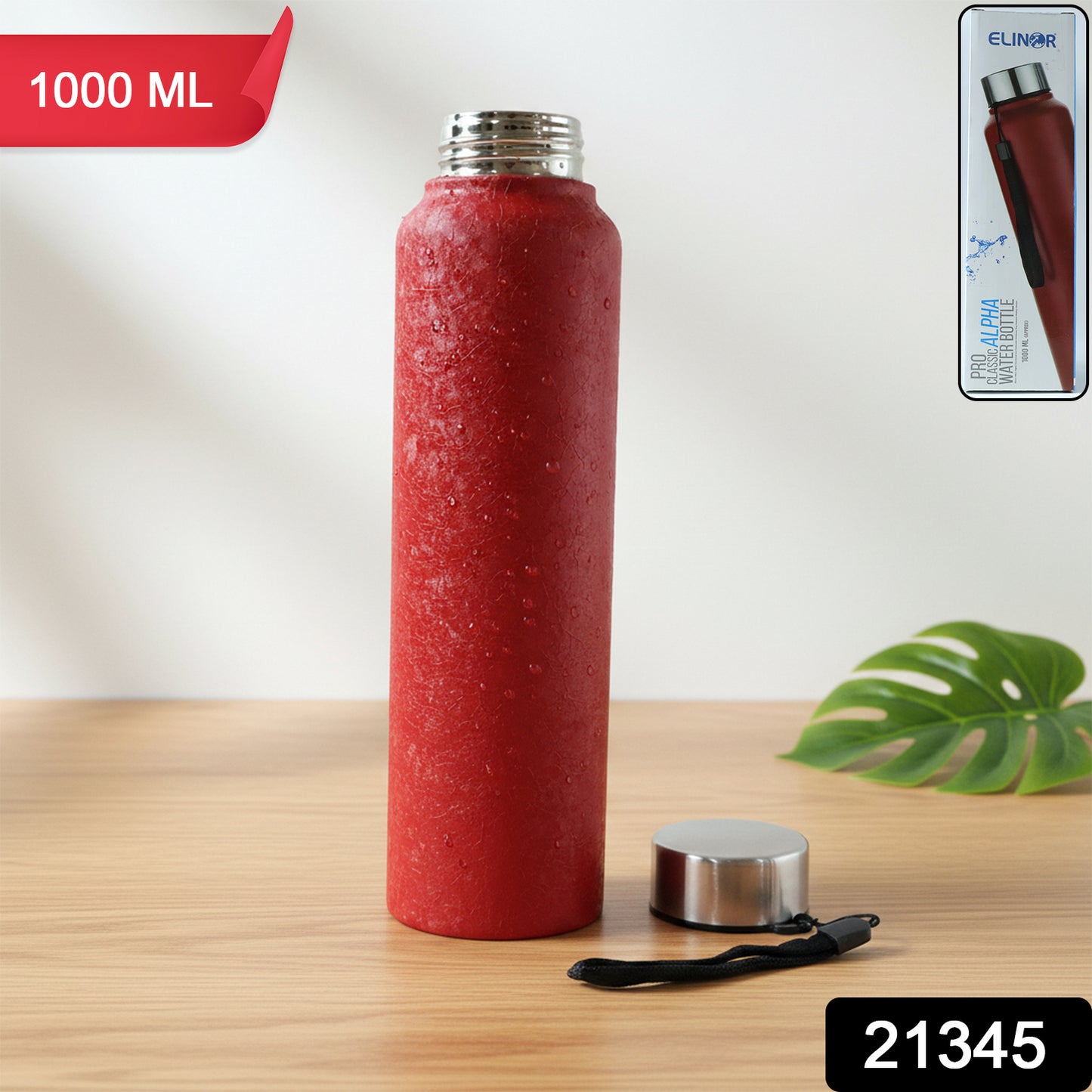 Red Alpha Pro Classic stainless steel water bottle by Wukusy, 1000 ml capacity, with a sleek red finish and durable design