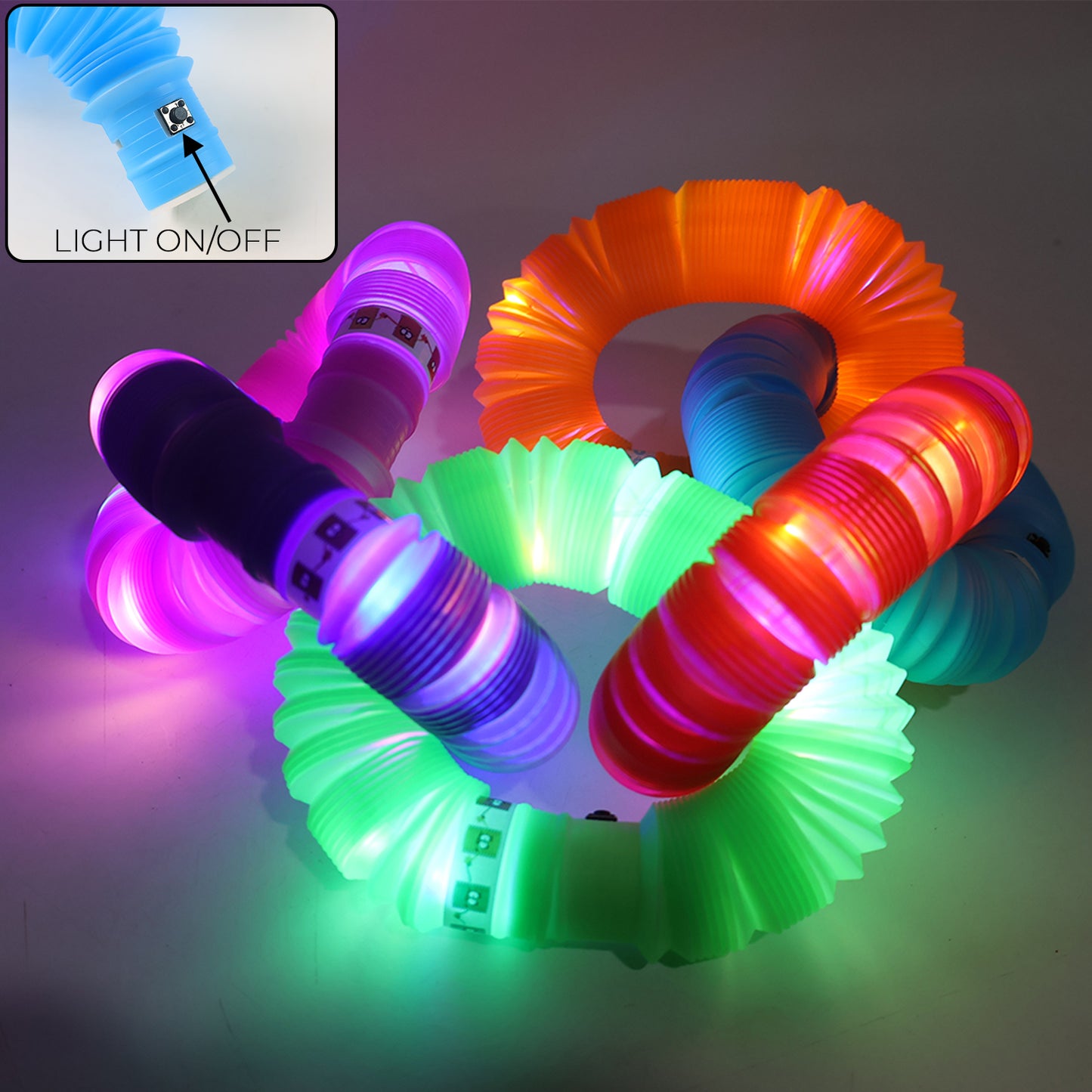 Colorful LED glow pop tube fidget toy by Wukusy, showing flexible tube with glowing lights in mixed colors.