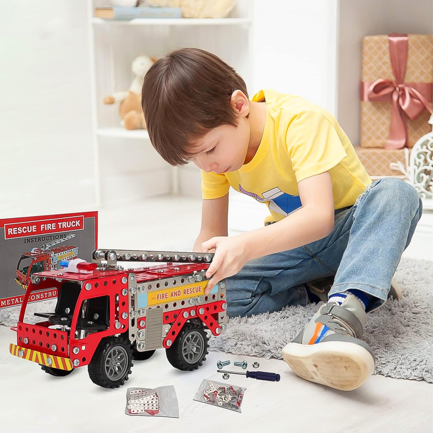 Wukusy metal DIY fire truck building blocks set for kids, includes 292 pieces to assemble a detailed fire truck toy.