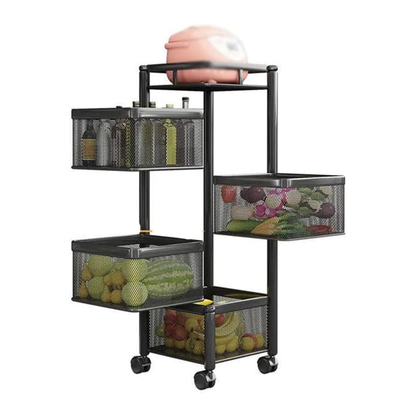 Wukusy metal kitchen trolley with 4-layer square design for fruits, vegetables, onions; on wheels for easy storage and organization.
