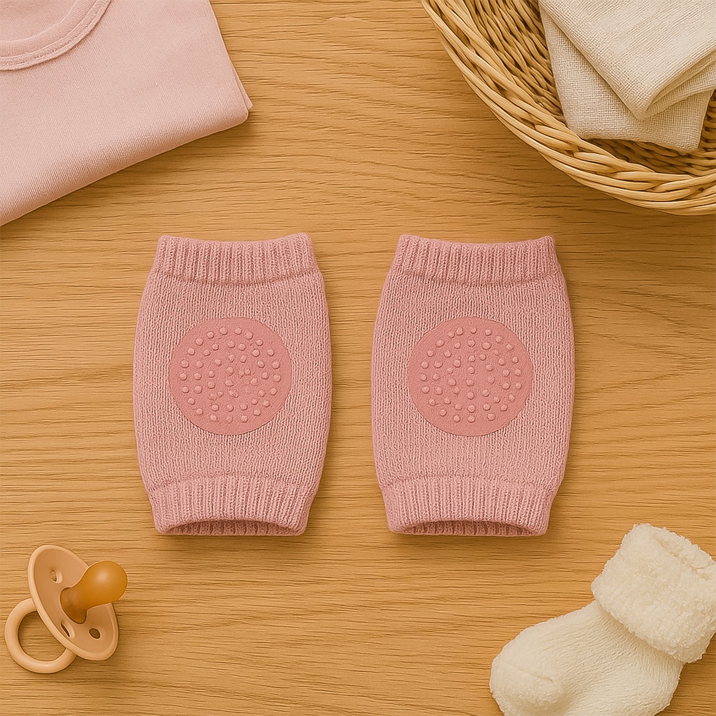 Pink toddler wool knit leg warmer with knee guard, soft and cozy baby care accessory by Wukusy, suitable for warmth and protection.