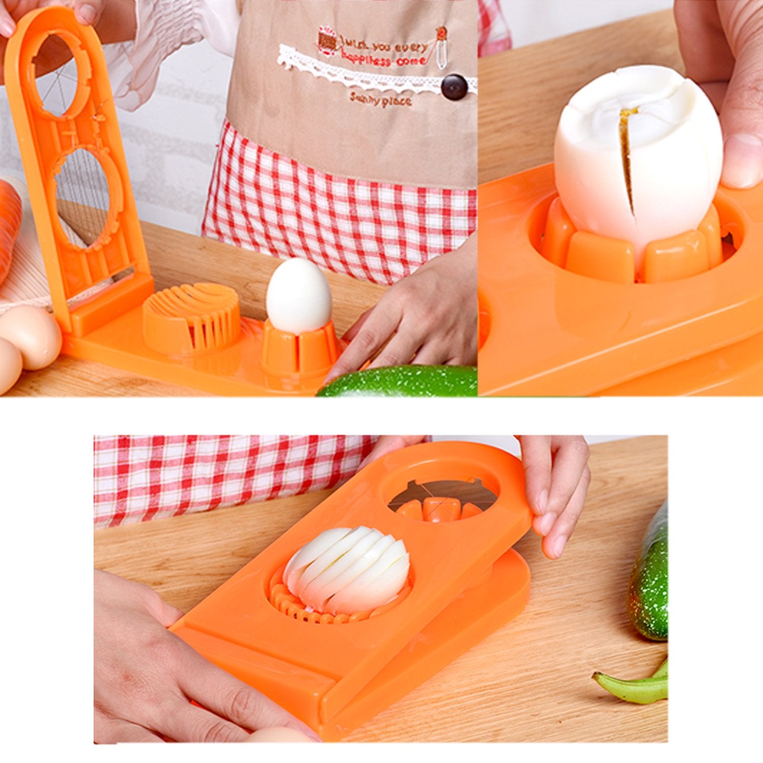 Wukusy 2555 multi-segment 2-in-1 egg cutter and slicer kitchen tool with stainless steel blades for easy egg slicing.