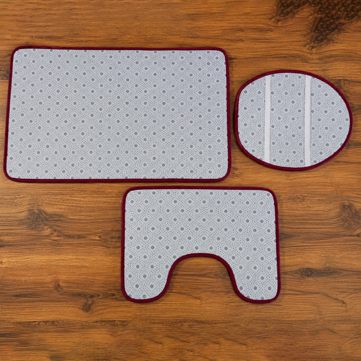 Wukusy 3-in-1 anti-slip bathroom mat set including contour mat and lid cover in mixed colors, displayed on a bathroom floor.