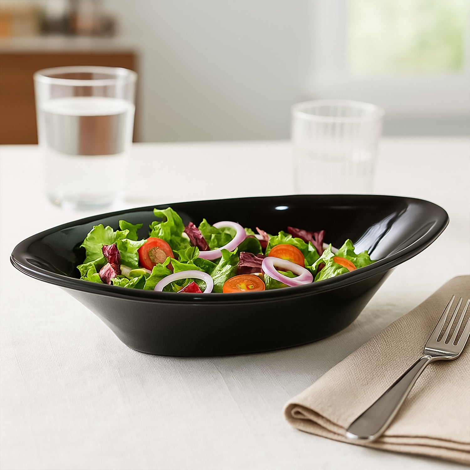 Wukusy Plastic Marin serving bowl, elegant oval deep black bowl for salads or side dishes, 1 piece.
