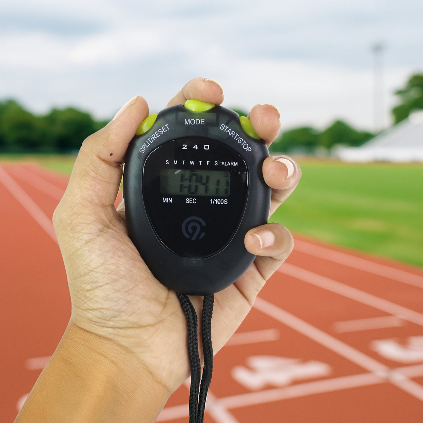 Wukusy digital sports stopwatch timer with split timing features, showing a clear digital display on a black background.