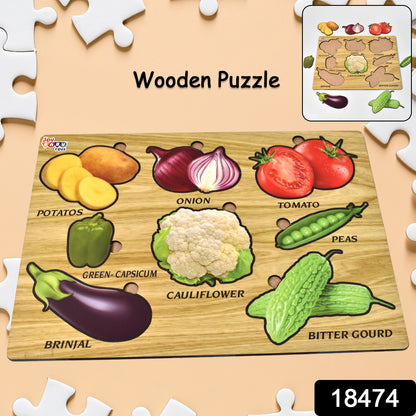 Wooden vegetable puzzle educational toy by Wukusy, featuring colorful vegetable pieces on a learning board for kids.