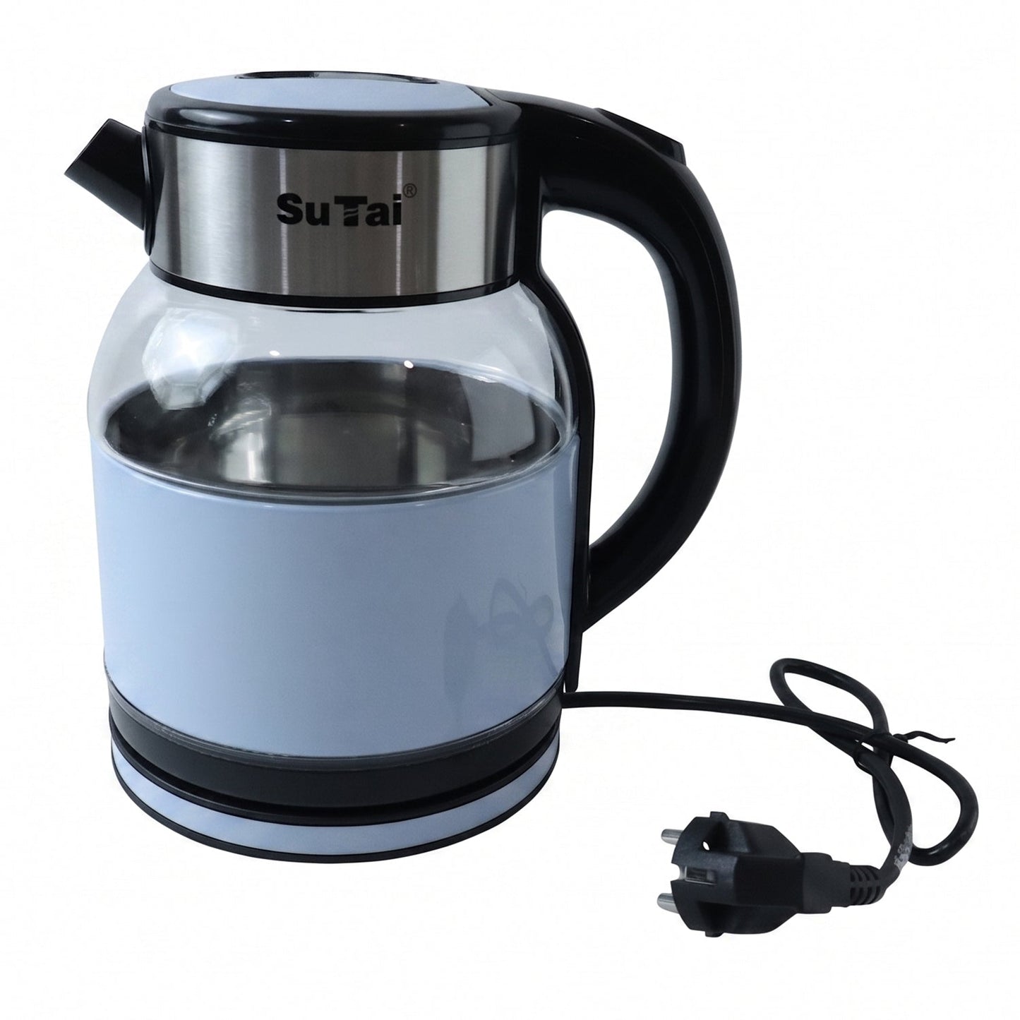 Wukusy Suta electric glass kettle with 2-liter stainless steel body and handle for boiling hot water or tea.