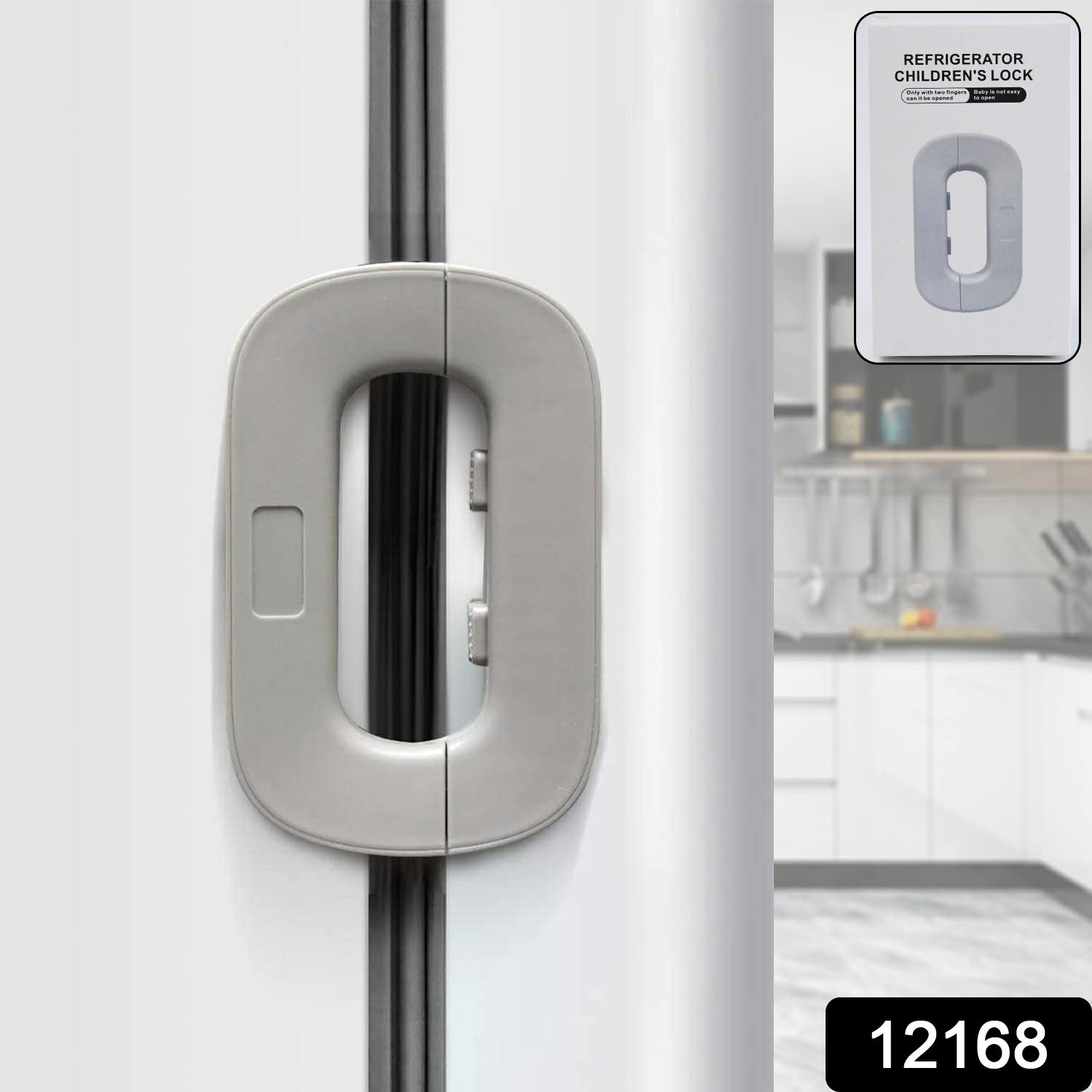 Wukusy fridge freezer door lock for child safety, mounted on a kitchen fridge to prevent unauthorized access.