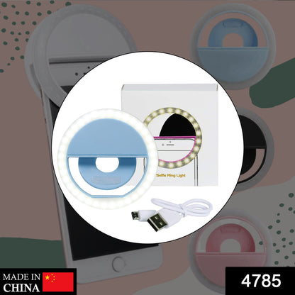 Wukusy 4785 Selfie Ring Light providing bright illumination for selfies and videos, mounted on a phone with a smartphone in front.
