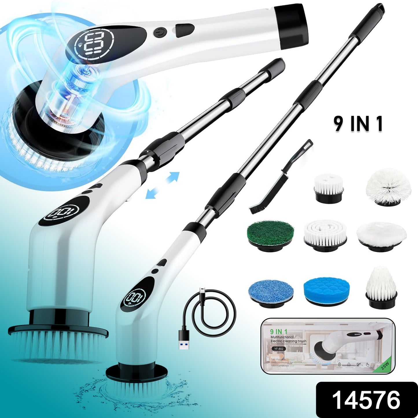 Wukusy 9-in-1 electric spin scrubber with multiple cleaning heads for home improvement, shown with various attachments in a set