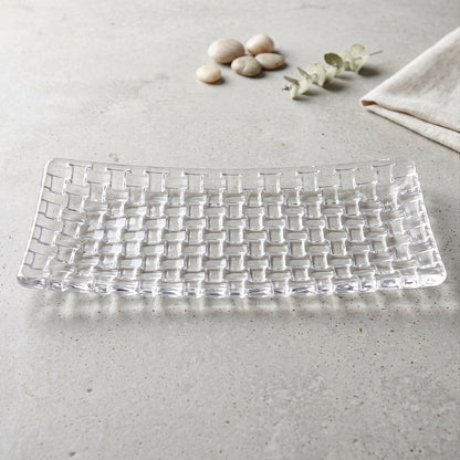 Clear glass 11-inch rectangular serving tray with basketweave design, ideal for serving appetizers or desserts.