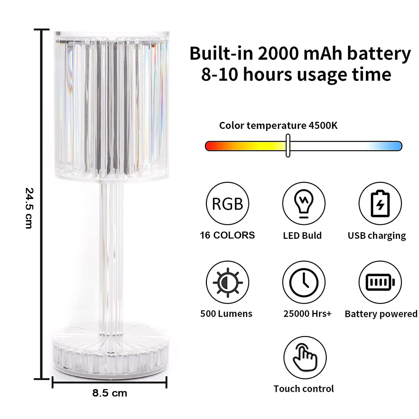Wukusy 6605 Crystal Table Lamp with touch control, USB charging line, for nightstand or home decor, elegant crystal design.