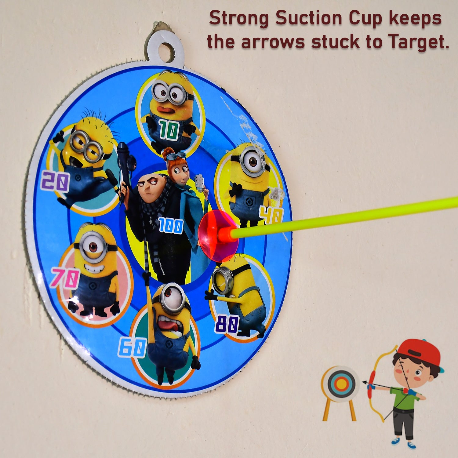 Wukusy plastic archery toy set featuring a bow, three arrows, a target board, and a single toy knife, suitable for kids.