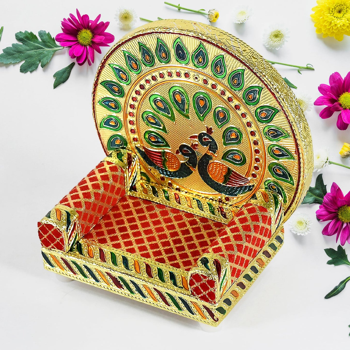 Wukusy Meenakari Work Laddu Gopal Singhasan set with wooden Krishna home decor for pooja mandir and temple altar.