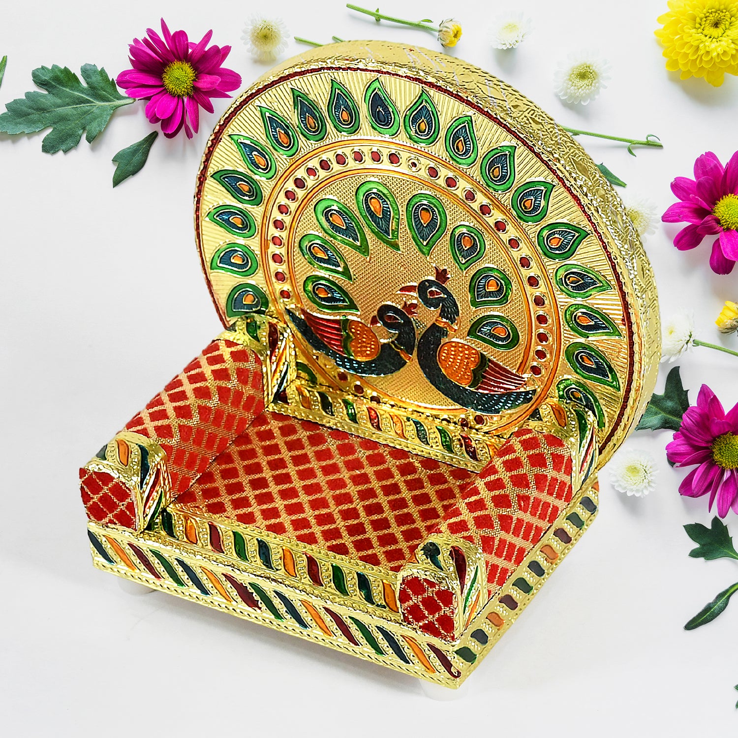Wukusy Meenakari work Laddu Gopal Singhasan set with wooden Krishna sofa for Pooja mandir, home decor, and religious rituals.