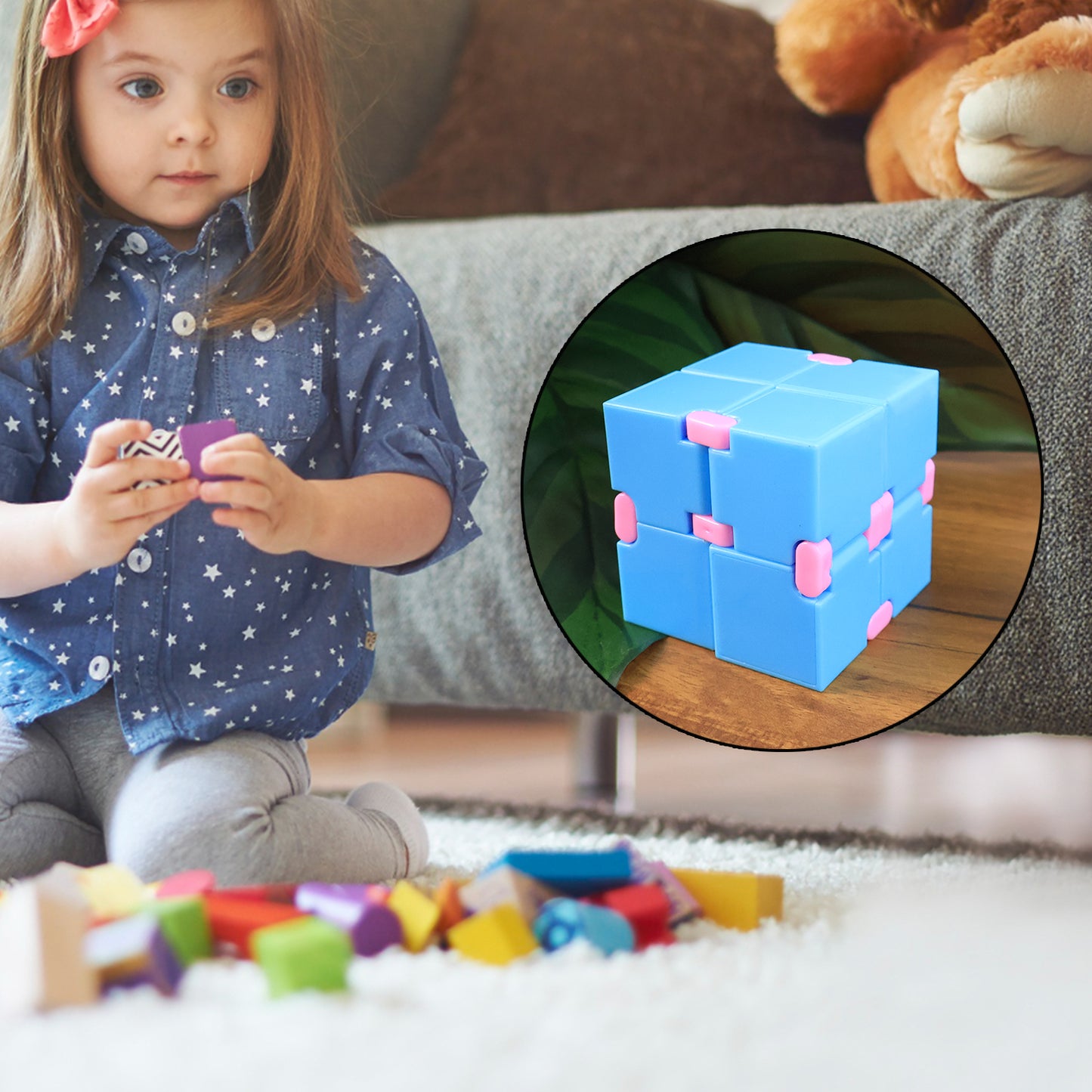 Wukusy infinity cube fidget toy for stress relief, showing a black plastic hand puzzle with interconnected cubes for kids and adults