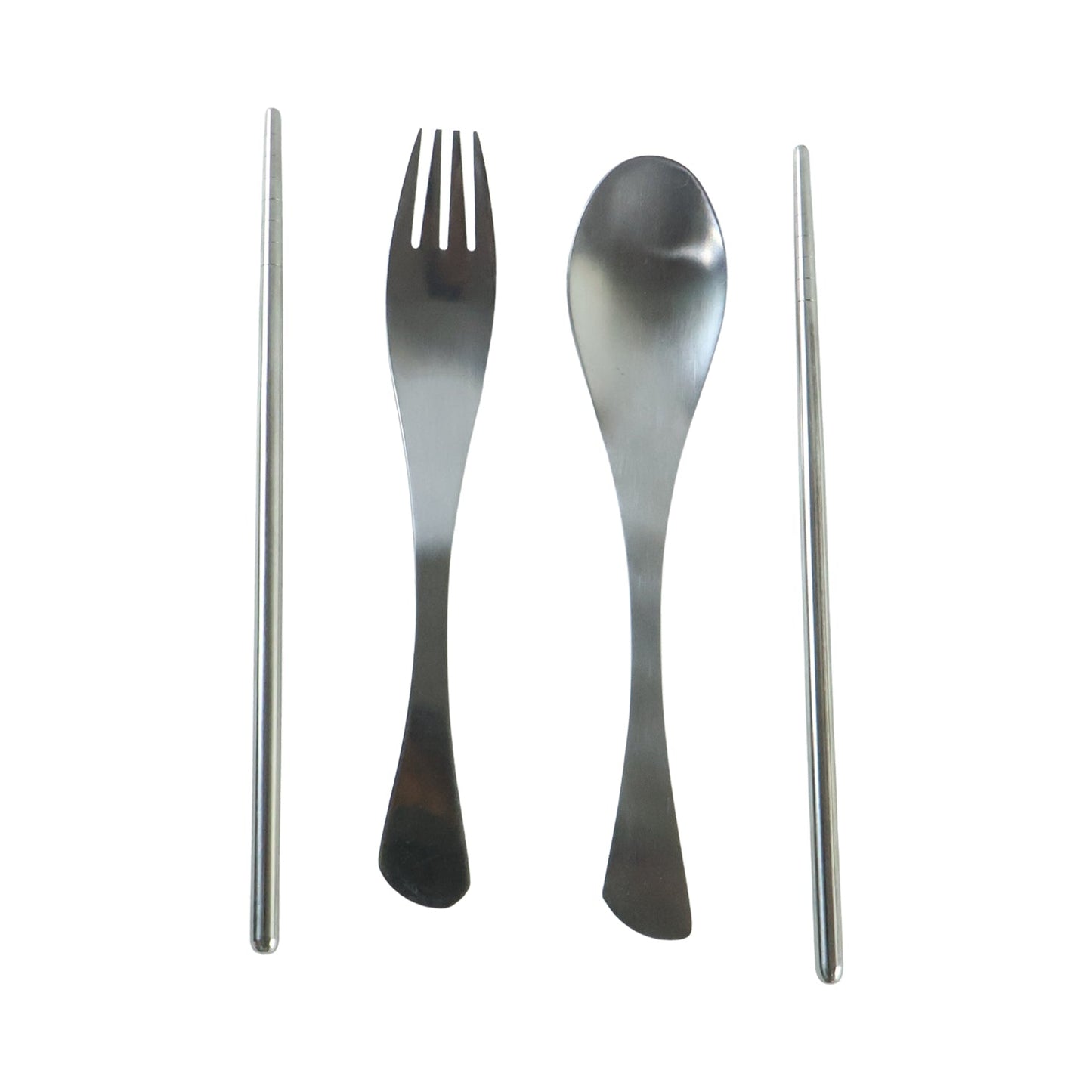 Wukusy 4-in-1 portable cutlery set with steel spoon, fork, and chopsticks in a compact pouch for travel and outdoor use.