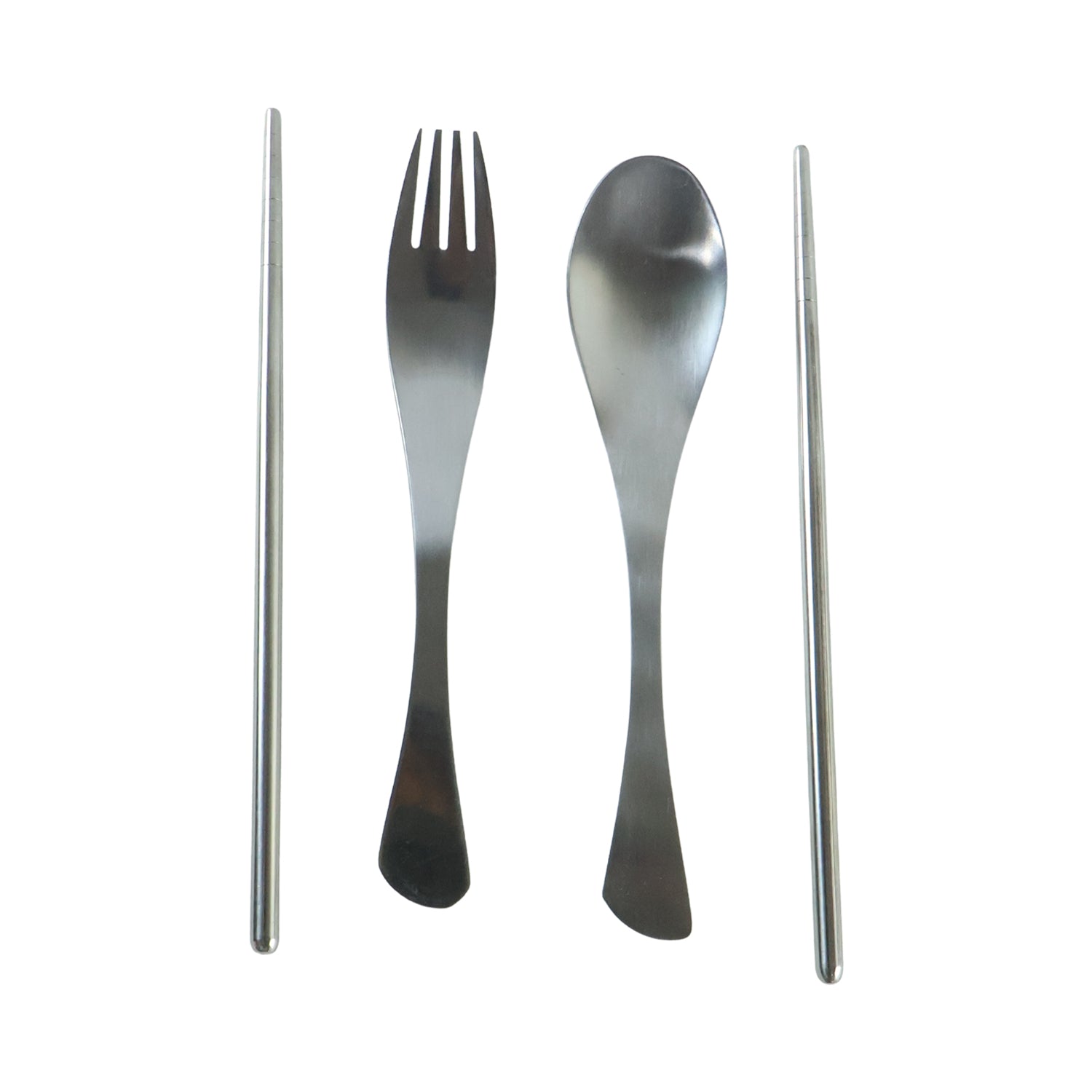 Wukusy 4-in-1 portable cutlery set with steel spoon, fork, and chopsticks in a compact pouch for travel and outdoor use.