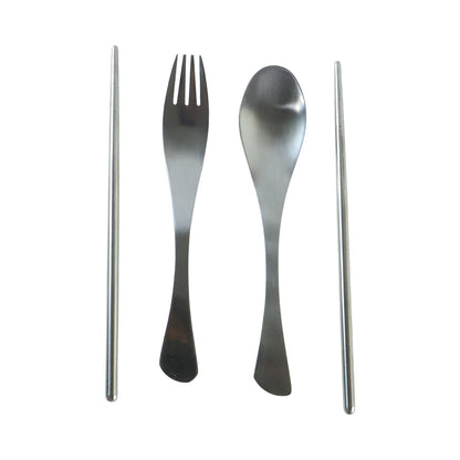Wukusy 4-in-1 portable cutlery set with steel spoon, fork, and chopsticks in a compact pouch for travel and outdoor use.