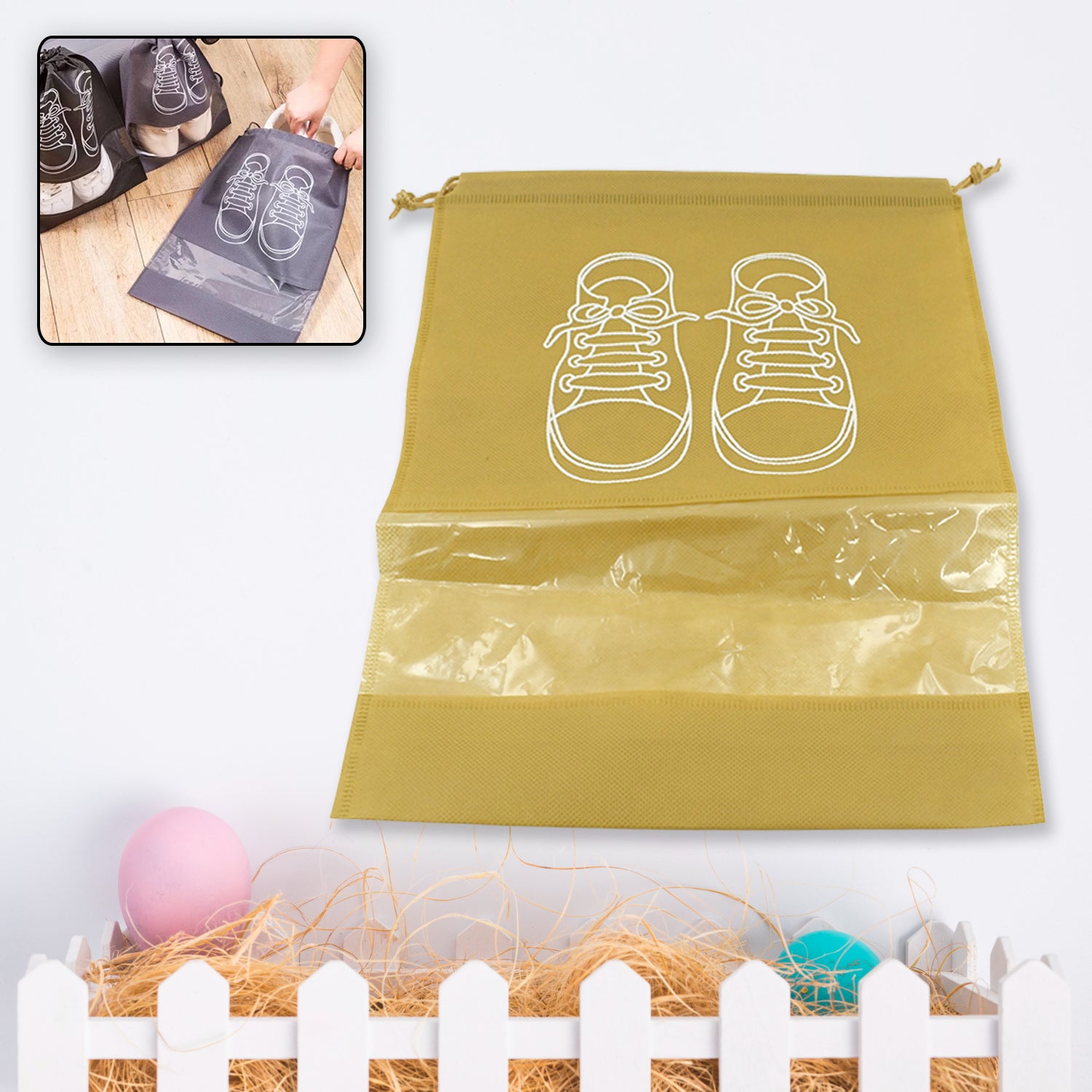 Wukusy waterproof beach bag and shoe storage organizer with transparent window, portable travel closet for shoes and clothing.
